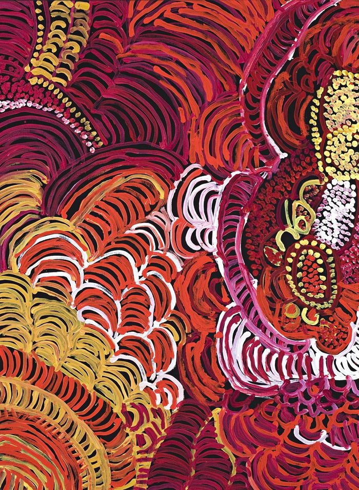 Artwork by Eileen Yaritja Stevens, Nyapari Tjukurpa, Made of synthetic polymer paint on linen