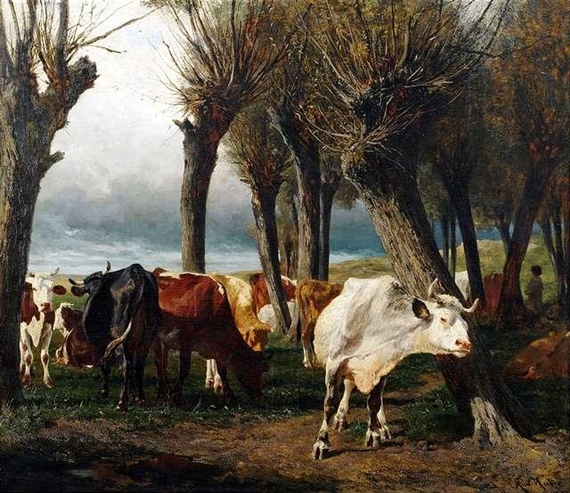 Cattle herd under pollarded willows by Carl Rudolf Huber, 1873