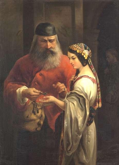 A guard giving a key to a young oriental beauty by Charles Frederick Lowcock