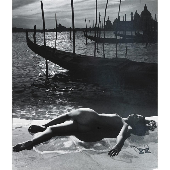 NUDE LAYING BY THE VENETIAN CANAL by Andre de Dienes, circa 1945