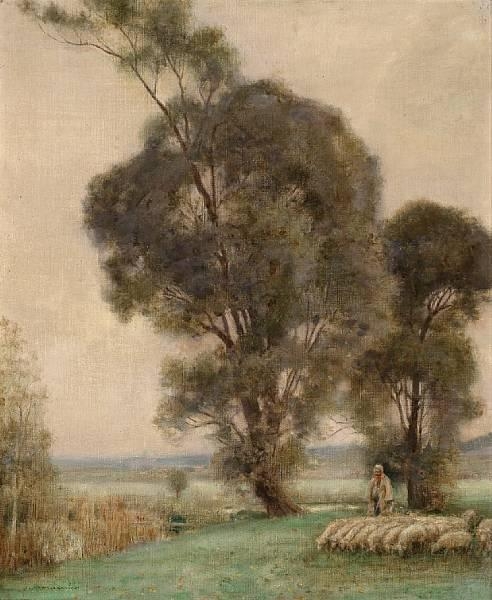 Artwork by Jules Munier, A shepherdess and her sheep in a misty landscape, Made of Oil on canvas