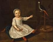 A portrait of Finetta Pye as a little girl seated on a cushion holding cherries and pointing at a parrot by Dutch School, 18th Century, 1762