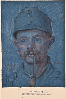 9 Works: Portrait of a reservist soldier, bust length, smoking a pipe ; 8 Military subjects - K. Pospischil