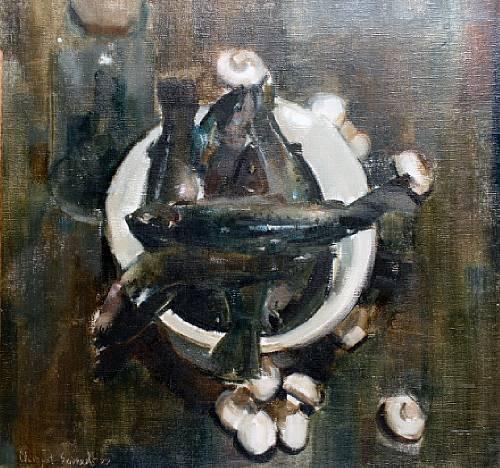 Still life with fish by Clement Serneels, 1972