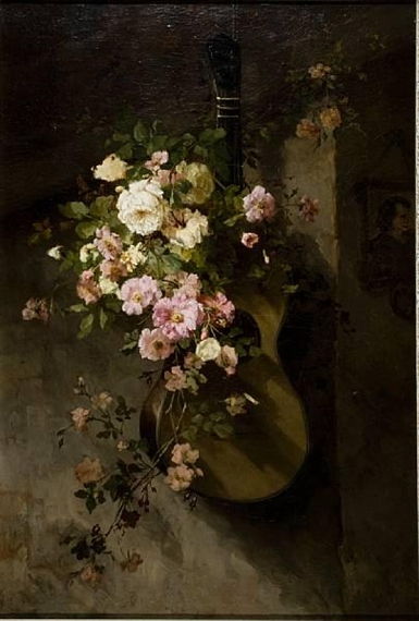 Still life with guitar and roses by Frans Oerder
