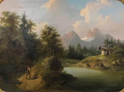 A mountainous landscape with a figure walking on a path along a river by Gustav Barbarini