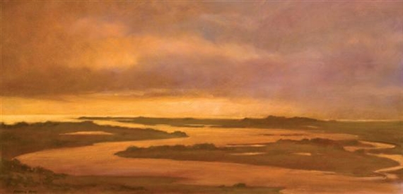 A serene landscape painting of a winding river at sunset.