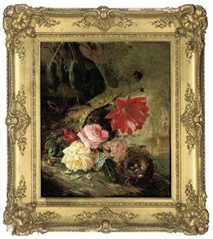Roses, primrose, cactus flower, and a bird's nest - François Joseph Huygens
