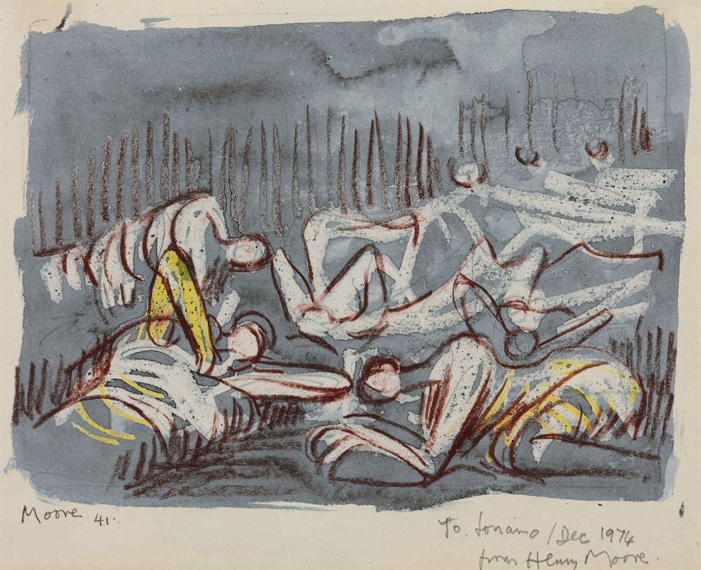 Artwork by Henry Moore, Shelter Drawing, Made of watercolor, colored wax crayons and pastel over pencil on paper