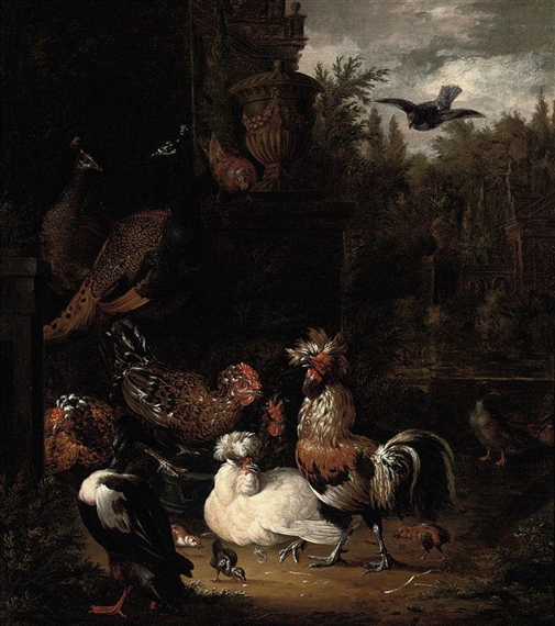 A rooster with hens, chicks, ducks, peacocks and pigeons by a classical urn, in a park landscape by Pieter van Mase