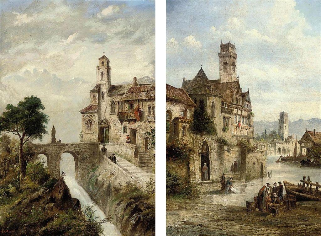 Artwork by Felice Auguste Rezia, Washing clothes at the riverside; and A village by a mountain torrent, Made of oil on canvas