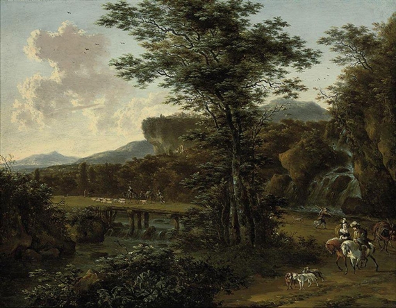 A river landscape with travellers on a track near a waterfall by Willem de Heusch