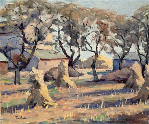 Haystacks near a barn by Tunis Ponsen
