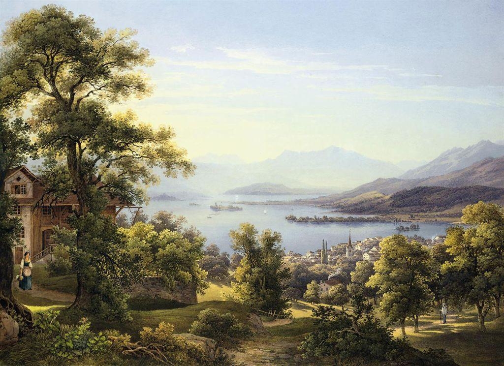 Artwork by Jakob Suter, View of Horgen on the Lake of Zürich, Switzerland, Made of pencil and watercolour, on paper