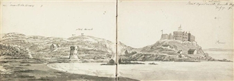 A sketch book of fifty-three sketches of Jersey and Guernsey including views of: 'La Tour du Hocq'; 'Back street St Helier'; 'View of Elizabeth Castle'; 'Windmill near St Ouen's church'; 'View of part of Gronville Bay from the top of Mont Orgueil Castle'; and 'Castle Cornet, Guernsey' - Charlotte Mervin Nooth