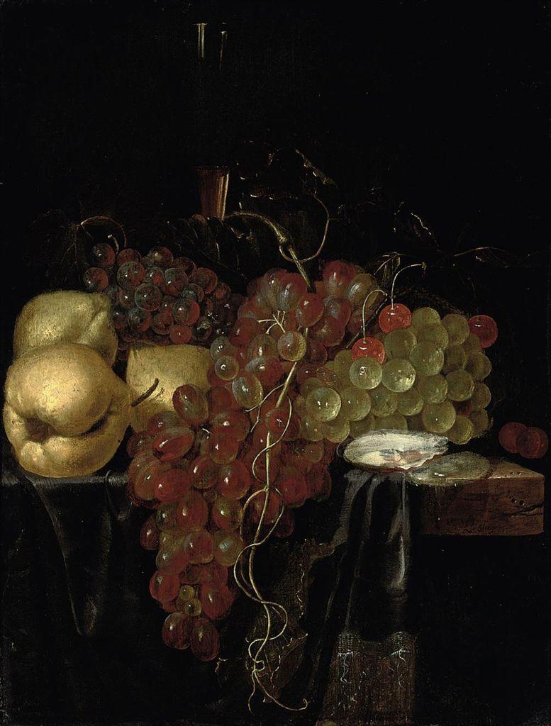 Artwork by Lambert van Slingelandt, Oysters, lemons, cherries, grapes, and a glass roemer on a partly-draped wooden ledge, Made of oil on panel