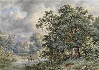 A meadow landscape with stags