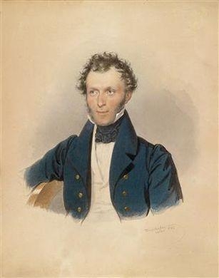 Artwork by Josef Kriehuber, A portrait of a young gentleman in a blue jacket, Made of watercolour on paper