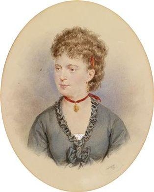 A portrait of a young woman witha red neckband and a medallion, the daughter of the poet Johann Nestroy according to a certificate on the reverse