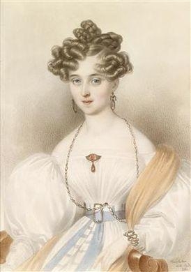 A portrait of a young blond woman in a white dress and in a beige shawl by Josef Kriehuber, 1830
