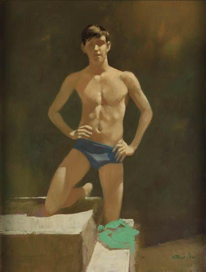 Artwork by Robert R. Bliss, Kneeling Male Athlete, Made of Oil on masonite