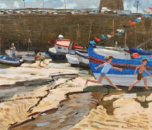 Artwork by Andrew Macara, Smeatons Pier, St Ives, Made of oil on canvas