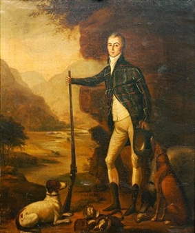 George Milligan Johnstone of Cowhill, Dumfries, full length portrait in sporting attire with gun and dogs in a river landscape - W. Higgins