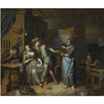 A household scene with a maid pouring a glass for a man carousing a seated woman holding a bowl, another man seated lighting his pipe, and two children in the background - Frans Decker