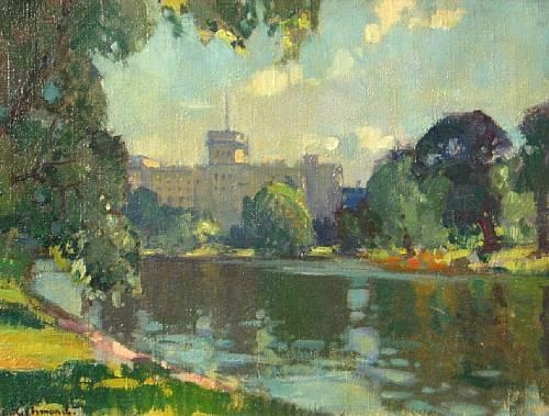 Artwork by Leonard Richmond, A city view with a lake in the foreground, Made of Oil on canvas
