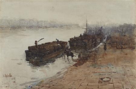 BARGES ON THE SEINE AT BERCY by Arthur Melville, 1889