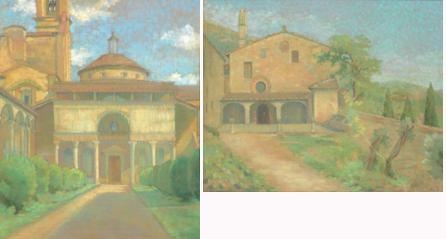 Artwork by Amélie Sauger, 2 works: La chapelle de Pazzi; Une vue de la campagne toscane, Made of Pastel on paper