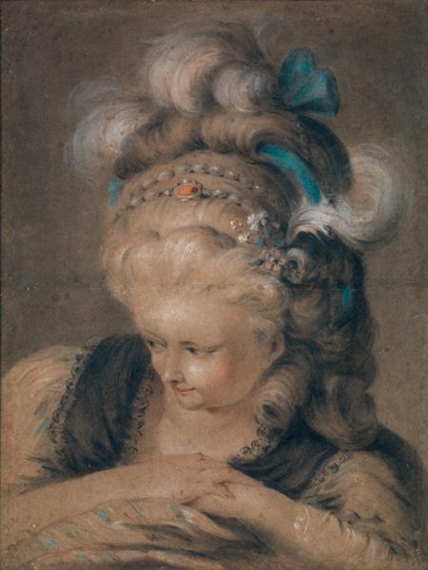 Portrait de femme en buste avec coiffe à plumes by German School, 18th Century, 18th century