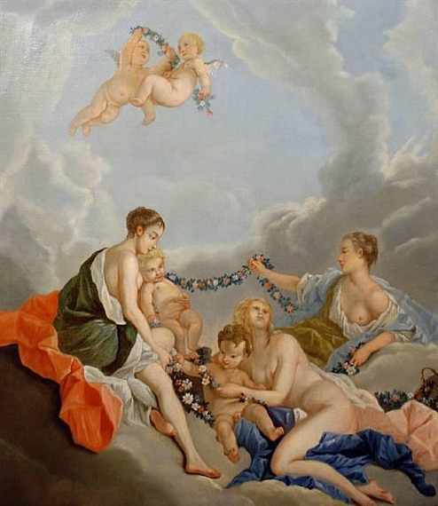 Oil painting francois boucher Allegory of Music Venus with angels birds canvas 