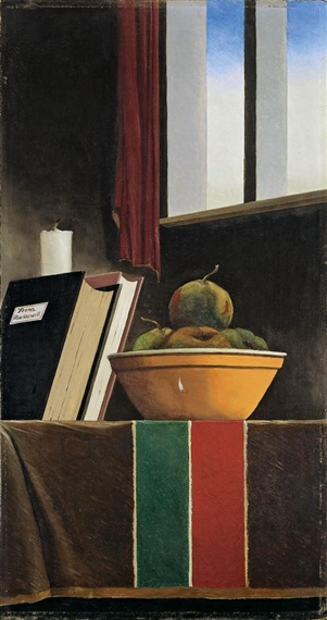 STILLEBEN MIT GESTREIFTER DECKE (GRÜN-ROT) by Franz Radziwill, 1947