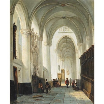 SUNLIT CATHEDRAL WITH TOWNSPEOPLE - Geetruida Maria Buys