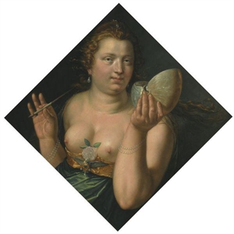 An allegroical female figure, probably Pictura, holding a paintbrush and nautilus shell - Hendrick Goltzius