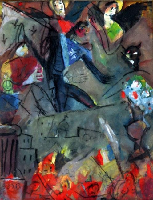 Artwork by Emmanuel Dorna, Figures Above the City, Made of Mixed media on paper