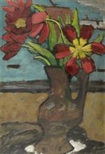Tulips in a blue two-handled vase by Gabriele Münter, Circa 1931