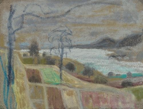 Artwork by Otto Dix, VORFRÜHLING AM UNTERSEE (EARLY SPRING AT THE UNTERSEE), Made of Pastel crayons on grayish-brown, lightly textured tinted paper
