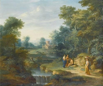 An Arcadian landscape with figures resting beside a waterfall - Jacob Andries Beschey