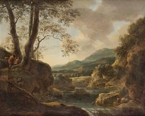 An Italianate landscape at dusk with shepherds resting on a riverbank above a waterfall by Willem de Heusch