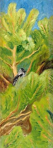 Crow in pine tree by Bruno Liljefors, 1899