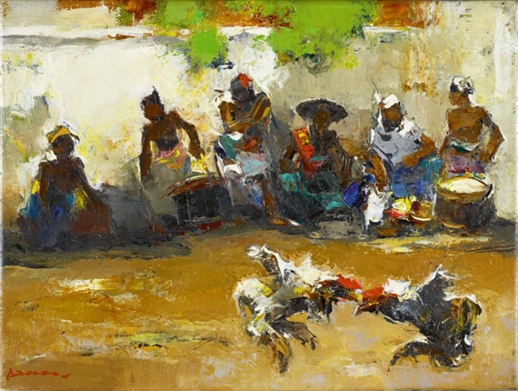 Hanenkamp met Toeschouwers (Cockfight with spectators) by Gerard Pieter Adolfs, 1964-1965