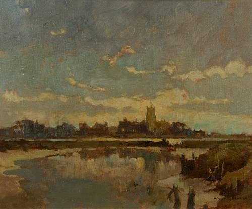 Artwork by William Benner, Blythburgh Church, Suffolk, from the river, Made of oil on board