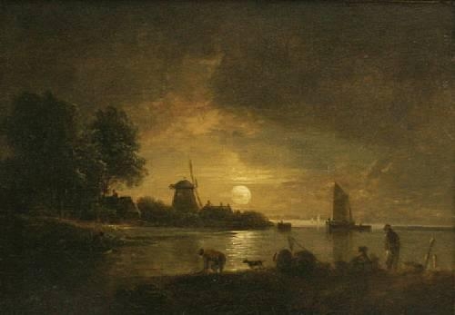 Moonlit river scene by John Berney Crome