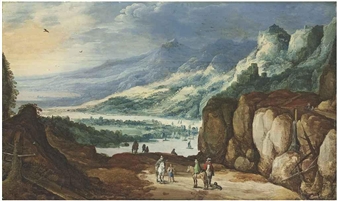 An extensive river landscape with horsemen on a path and mountains beyond - Joos de Momper II