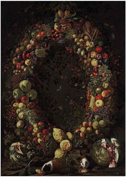 A garland of fruit with guinea pigs and watermelons by Luca Forte