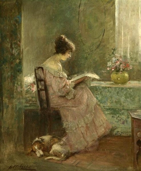 A young girl reading in an interior in the sunshine - Joseph W. Gies