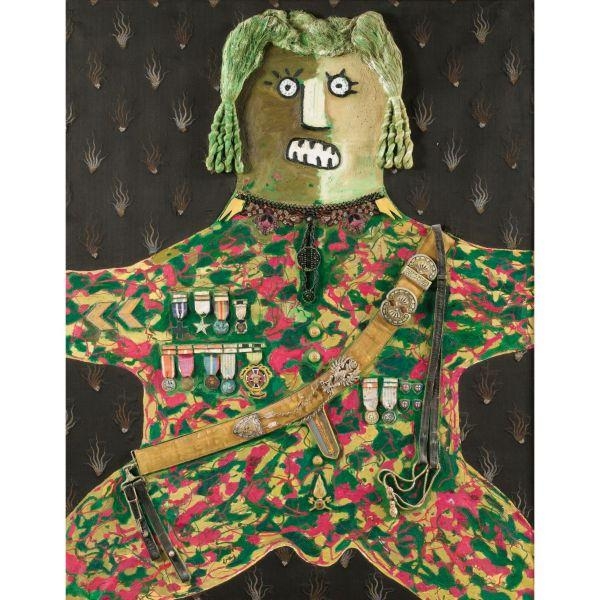 Artwork by Enrico Baj, General, Made of oil, fabric collage, leather, buckles, medals, rope and mixed media collage on canvas