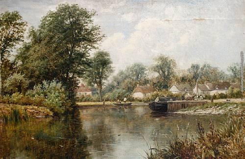 2 works: Punting outside the cottage door; A lake view by Thomas Spinks, 1881